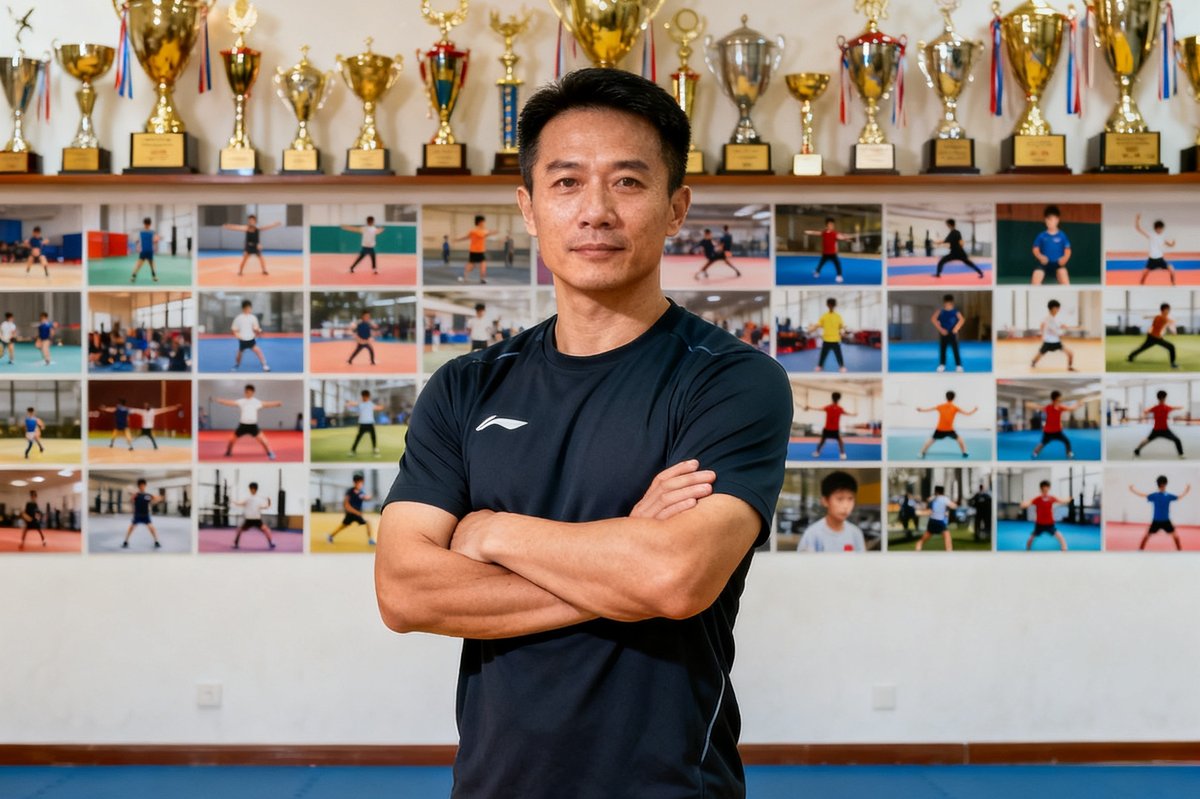 VSPORTS创始人陈志远教练身穿深色运动服站在训练场中央，双臂交叉，身后是满载奖杯的荣誉墙和学员训练照片拼贴，表情沉稳自信，灯光柔和。