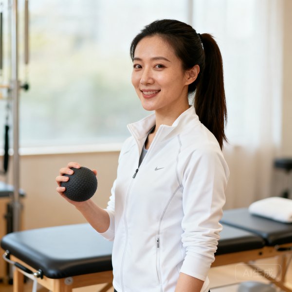 林晓教练半身照，女性，扎马尾辫，穿着白色运动外套，站在康复治疗床旁，手持筋膜球，表情专业而亲切。